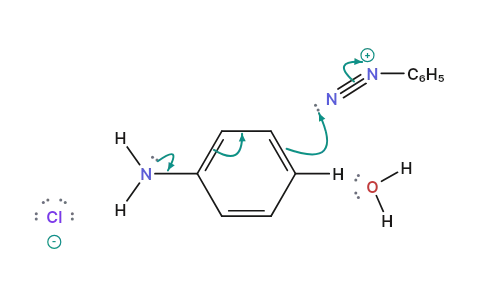 Azo coupling: A diazonium ion attacks the para carbon of aniline and joins two rings into a yellow dye.