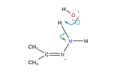 Wolff–Kishner reduction: Hot base walks a hydrazone's C=N–NH₂ down to CH₂ as nitrogen gas leaves.